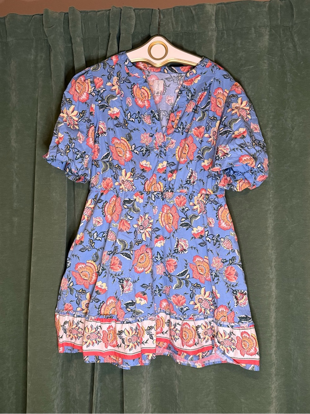 Joie Blue Floral Puff-Sleeve Mini Dress with Coral Accents